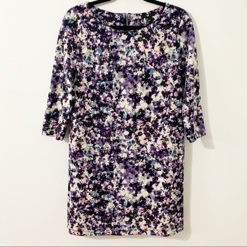 H&M Watercolor Floral Print Sheath Dress 3/4 Sleev